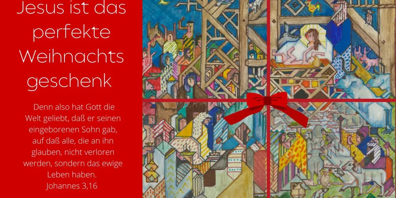 Weihnachtsbild mit Krippenszene und Menschenmenge, umrahmt von roten Bändern. Text zitiert Johannes 3,16: "Denn also hat Gott die Welt geliebt...