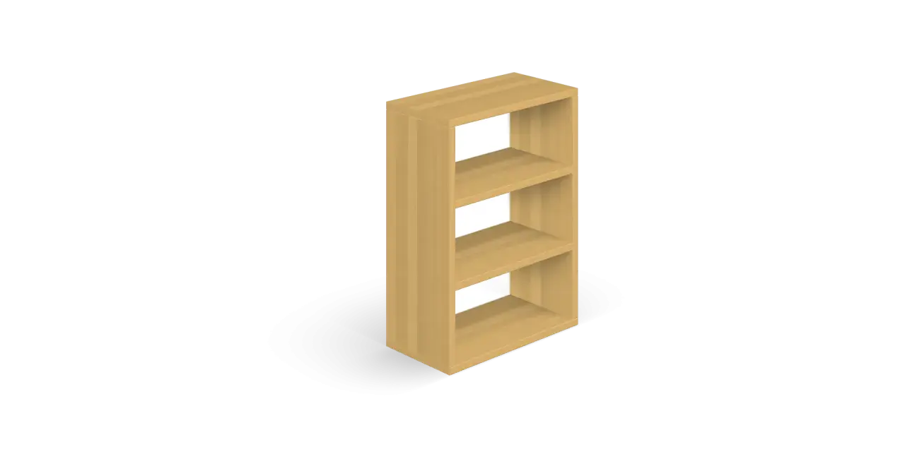 Un mobile a giorno con tre ripiani, ideale per progetti scaffali in legno fai da te.
