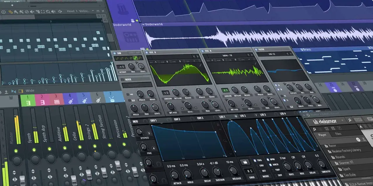 Musik am PC erstellen: Ein Blick auf eine digitale Audio-Workstation mit Spuren, Synthesizern und Effekten.