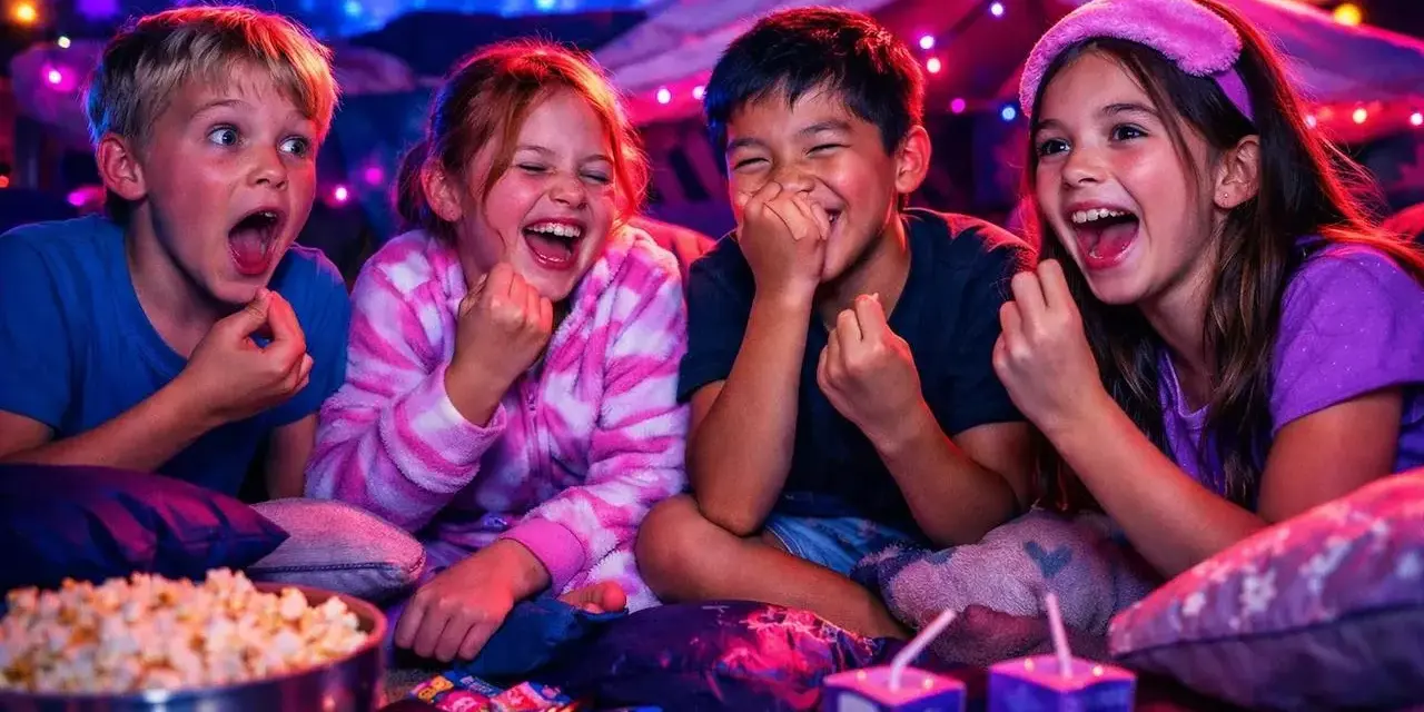 Fyra barn skrattar högt i ett mysigt fort med popcorn och dryck. Perfekt för roliga frågor till barn!