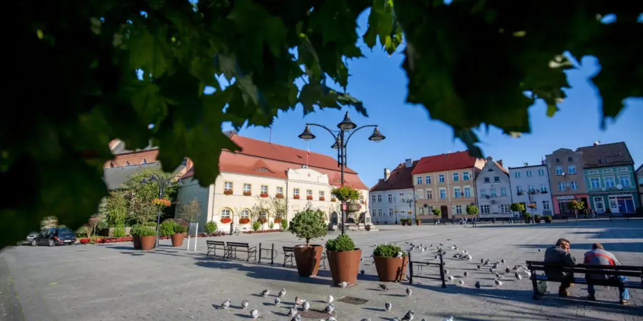 Rynek w Darłowie z kolorowymi kamienicami i gołębiami. Idealne miejsce na spacer i odkrywanie darłowskich atrakcji.