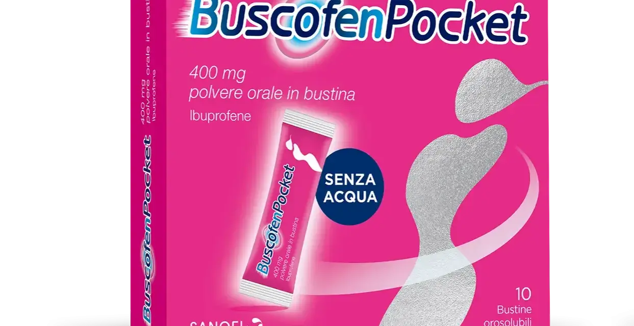 Per i dolori mestruali, prova Buscofen Pocket: 400 mg di ibuprofene in bustine orosolubili, da prendere senza acqua.