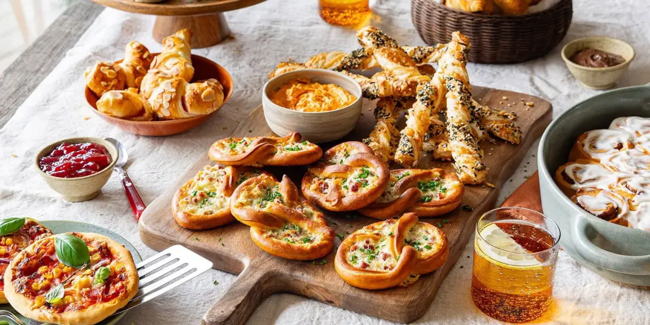 Leckeres Fingerfood: Mini-Pizzen, Brezeln und Croissants aus Pizzateig, dazu Dips und Zimtschnecken.