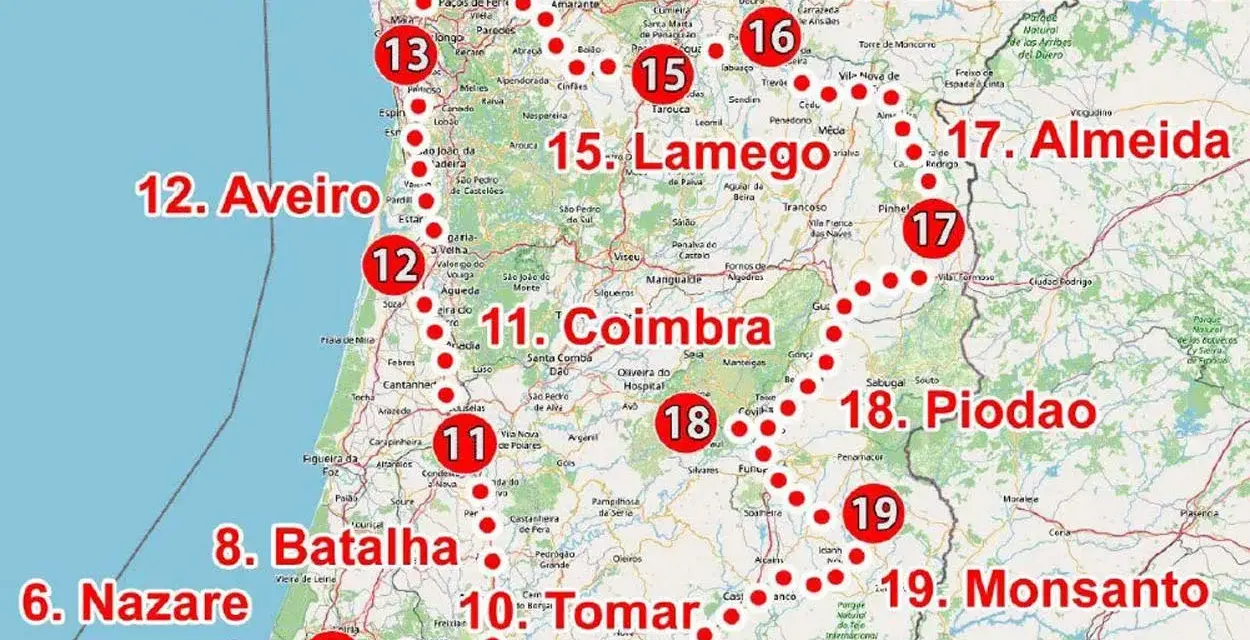 Mapa turystyczny Portugalii, gdzie leży Portugalia, z zaznaczonymi miastami: Porto, Coimbra, Fatima.