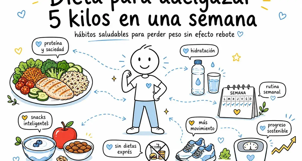 Ilustración sobre dieta para adelgazar 5 kilos en una semana, con consejos de proteína, hidratación, snacks, movimiento y rutina.