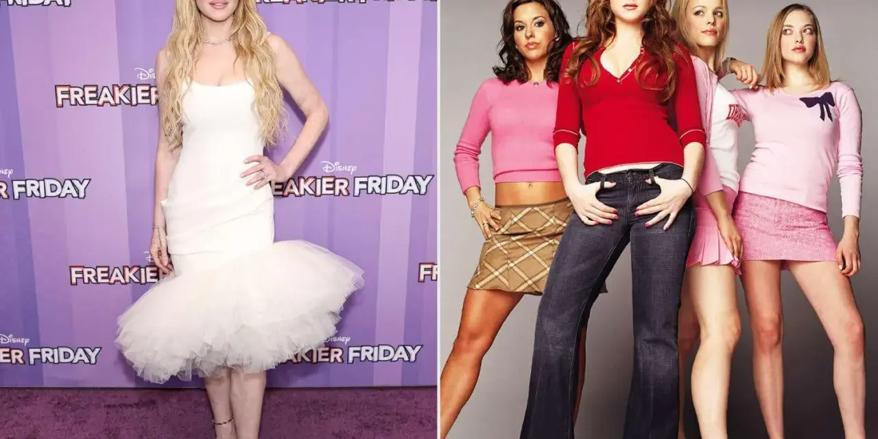 Lindsay Lohan w białej sukni i jako Regina George z "Wrednych dziewczyn".