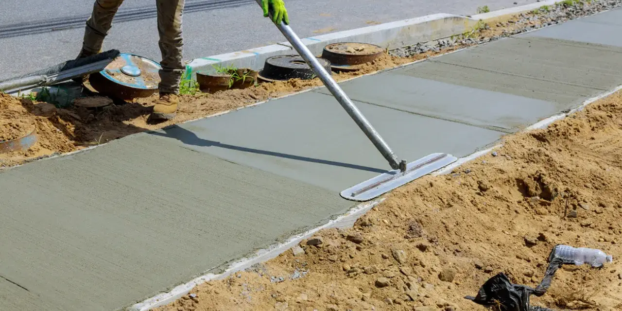 Robotnik wygładza świeży beton B25 na chodniku. Właściwe proporcje składników zapewniają trwałość nawierzchni.