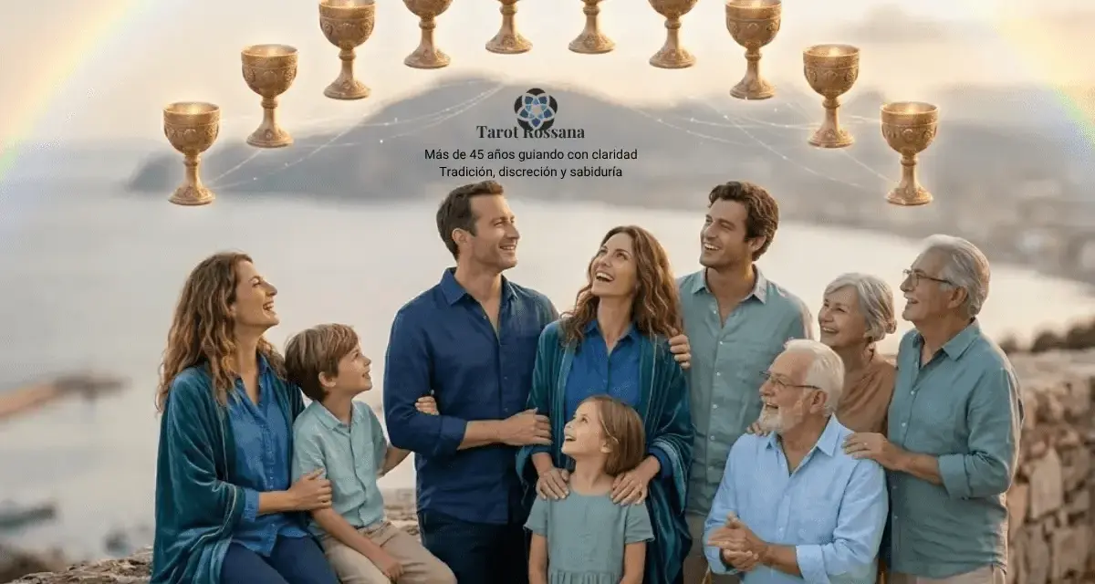 Una familia feliz bajo un arcoíris, con copas doradas flotando. Representa que significa el 10 de copas en el tarot: plenitud y armonía familiar.