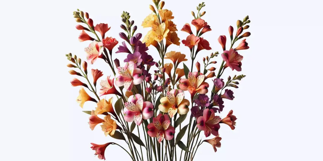 Un ramo vibrante de astromelias en tonos rosados, naranjas y amarillos. El astromelia, significado de amistad y devoción, florece en esta composición.