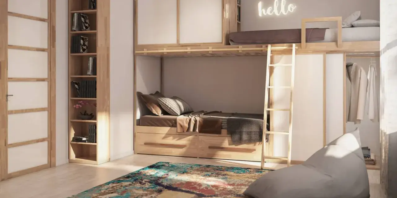Letto a soppalco fai da te con armadio integrato, libreria e un accogliente sacco a pelo.