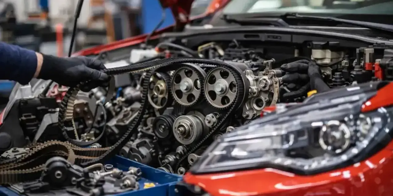 Mechanik w czarnych rękawiczkach dokonuje wymiany łańcucha rozrządu w czerwonym samochodzie.