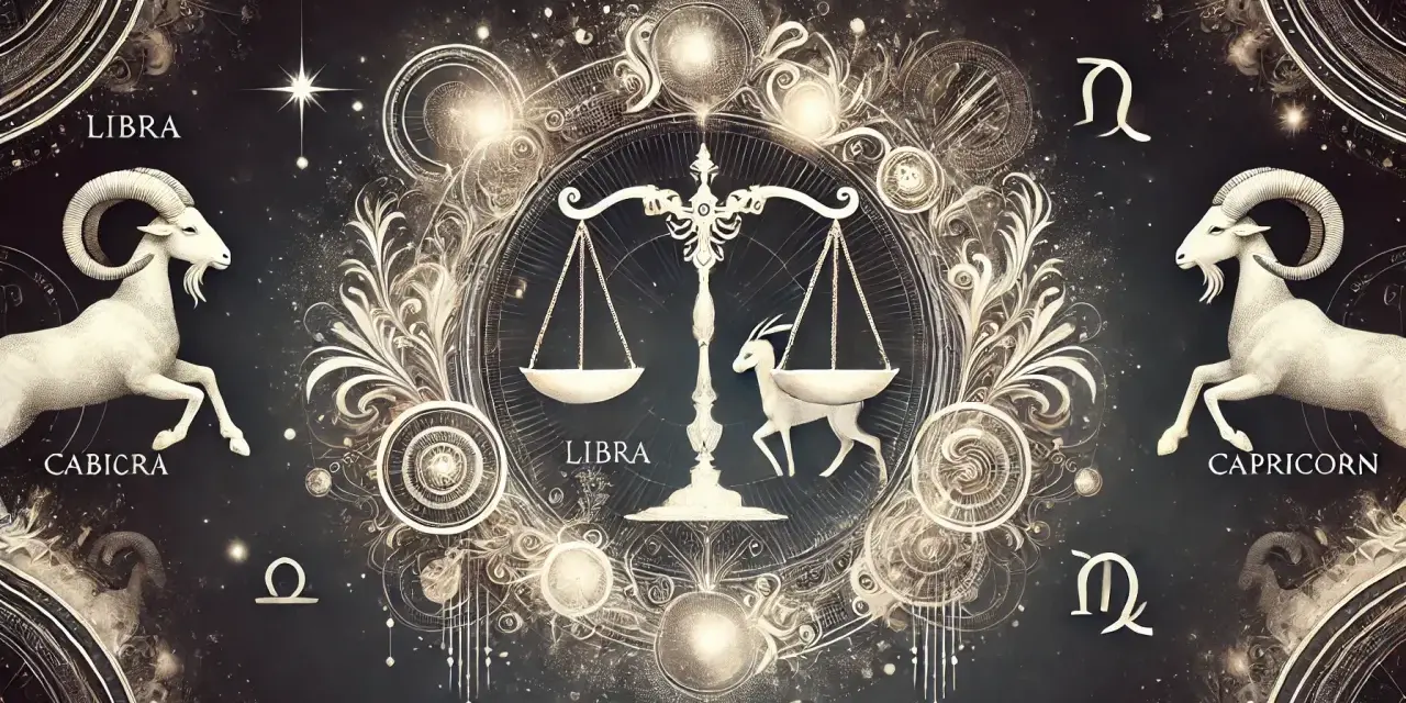 Waga i koziorożec w kosmicznej oprawie. Symbolika zodiaku z elementami astrologicznymi.