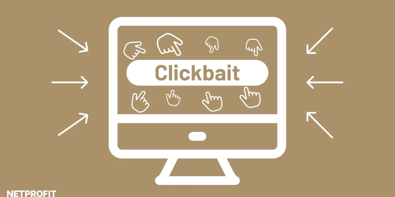 Pfeile ziehen den Blick auf einen Monitor mit der Aufschrift "Clickbait". Viele Mauszeiger laden zum Klicken ein.