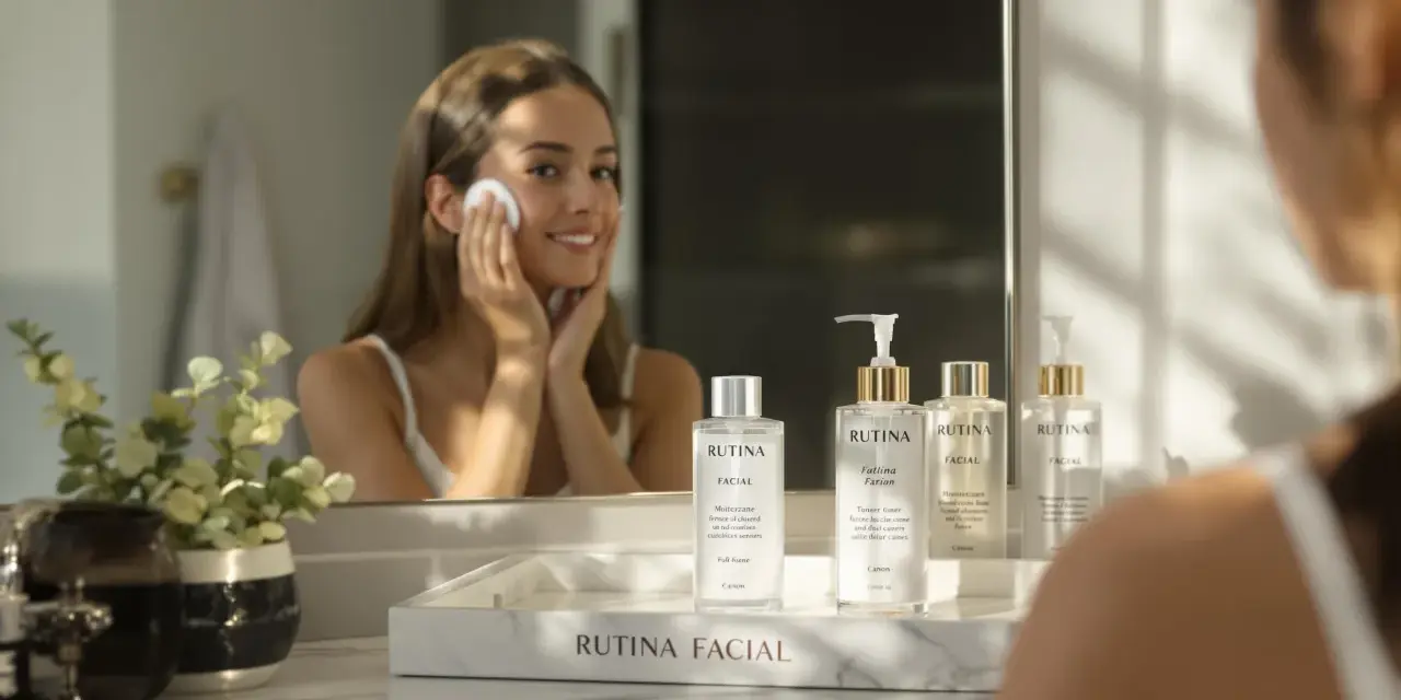 Una mujer sonríe mientras se aplica tónico facial. Varios productos de la línea Rutina Facial se exhiben en un tocador, mostrando para qué sirve el tónico facial.