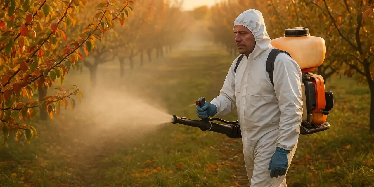 Rolnik w kombinezonie ochronnym opryskuje sad jesiennym opadem liści. Używa plecakowego opryskiwacza z roztworem mocznika do oprysku.