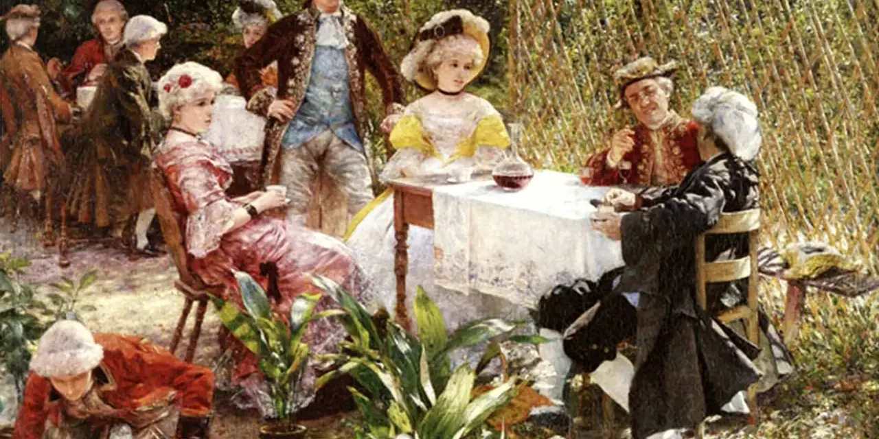 W altanie Gierymski, eleganckie damy i panowie w strojach z epoki delektują się spotkaniem w ogrodzie.