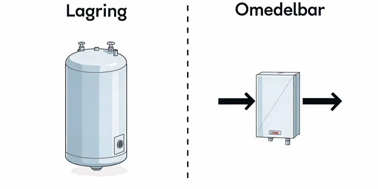 Jämförelse mellan en stor varmvattenberedare för 4 personer (Lagring) och en mindre, omedelbar varmvattenberedare.