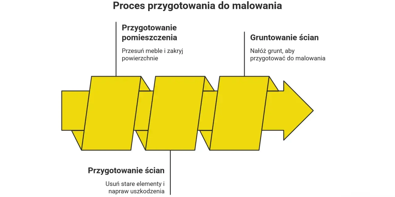 Schemat procesu przygotowania do malowania pokoju: przygotowanie pomieszczenia, ścian i gruntowanie.