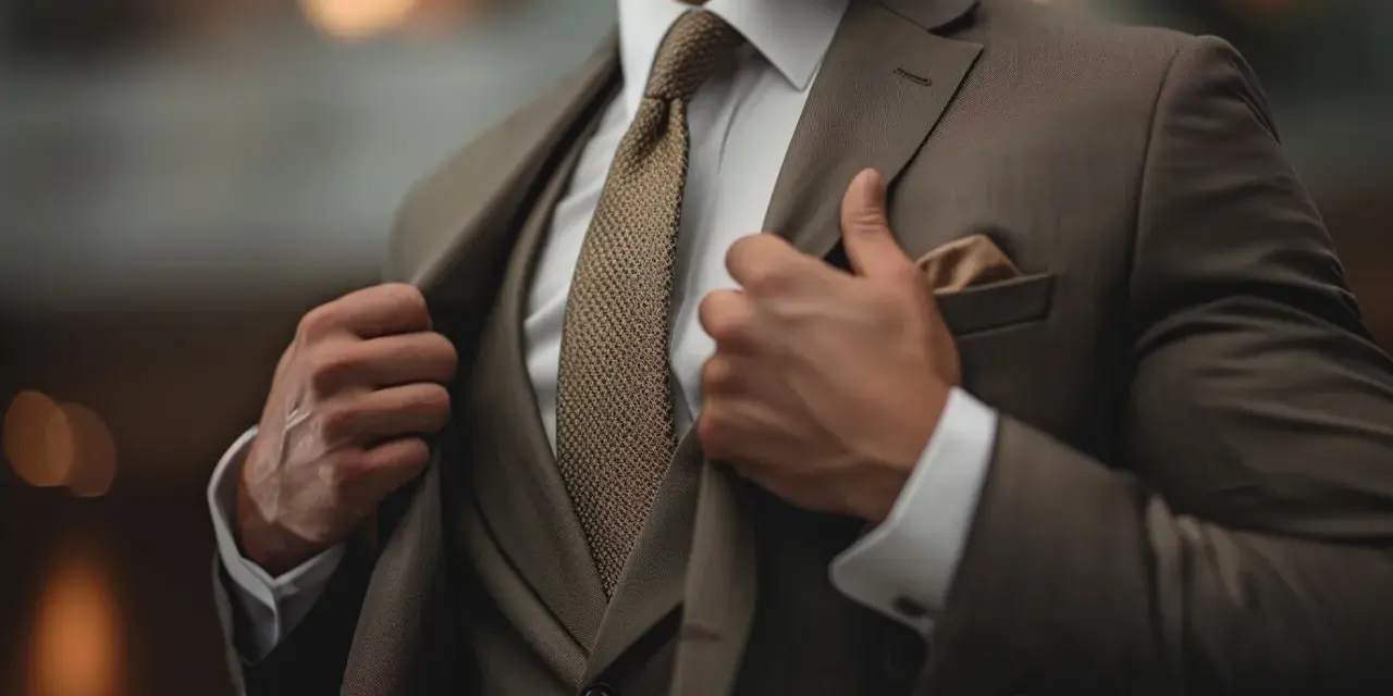 Uomo in abbigliamento business formal marrone, con camicia bianca e cravatta a trama.