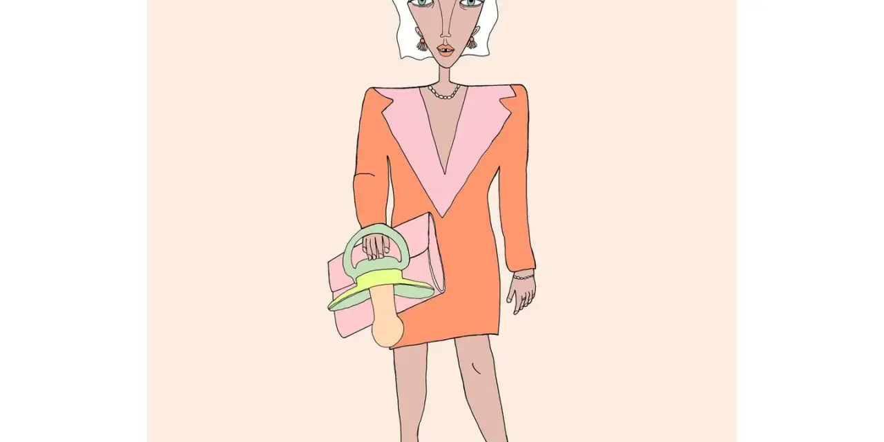 Eine Frau im orangefarbenen Kleid mit Schnuller-Handtasche, die den "Mama Burnout" symbolisiert.