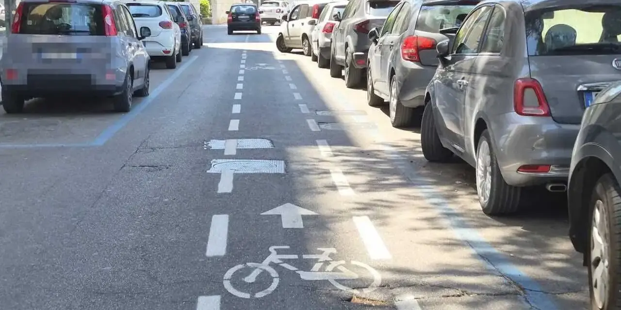 Strada a senso unico con corsia ciclabile delimitata da strisce bianche e blu. Auto parcheggiate lungo il lato destro.