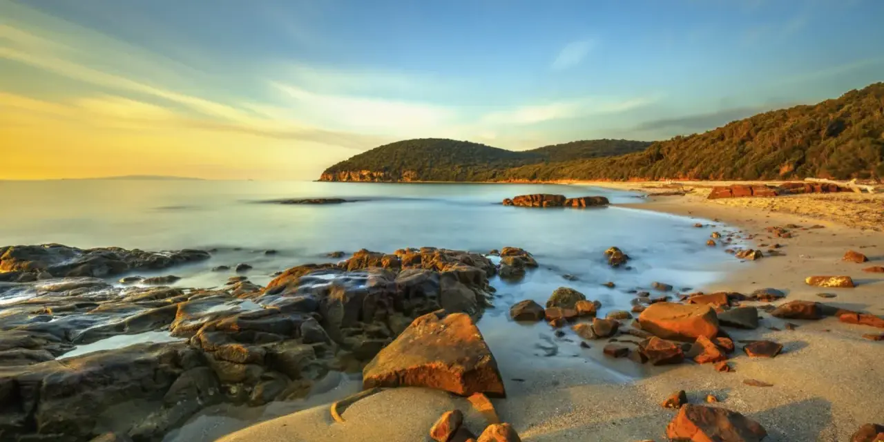 La foto di Cala Violina mostra una spiaggia dorata con rocce scure bagnate dal mare calmo e un cielo sfumato di giallo e azzurro.