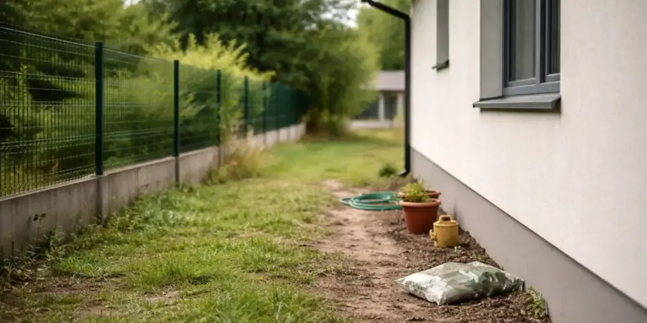 Ścieżka obok domu, z zielonym ogrodzeniem w tle. Odległość od granicy działki 1,5 m. Widać doniczki, wąż ogrodowy i worek z ziemią.