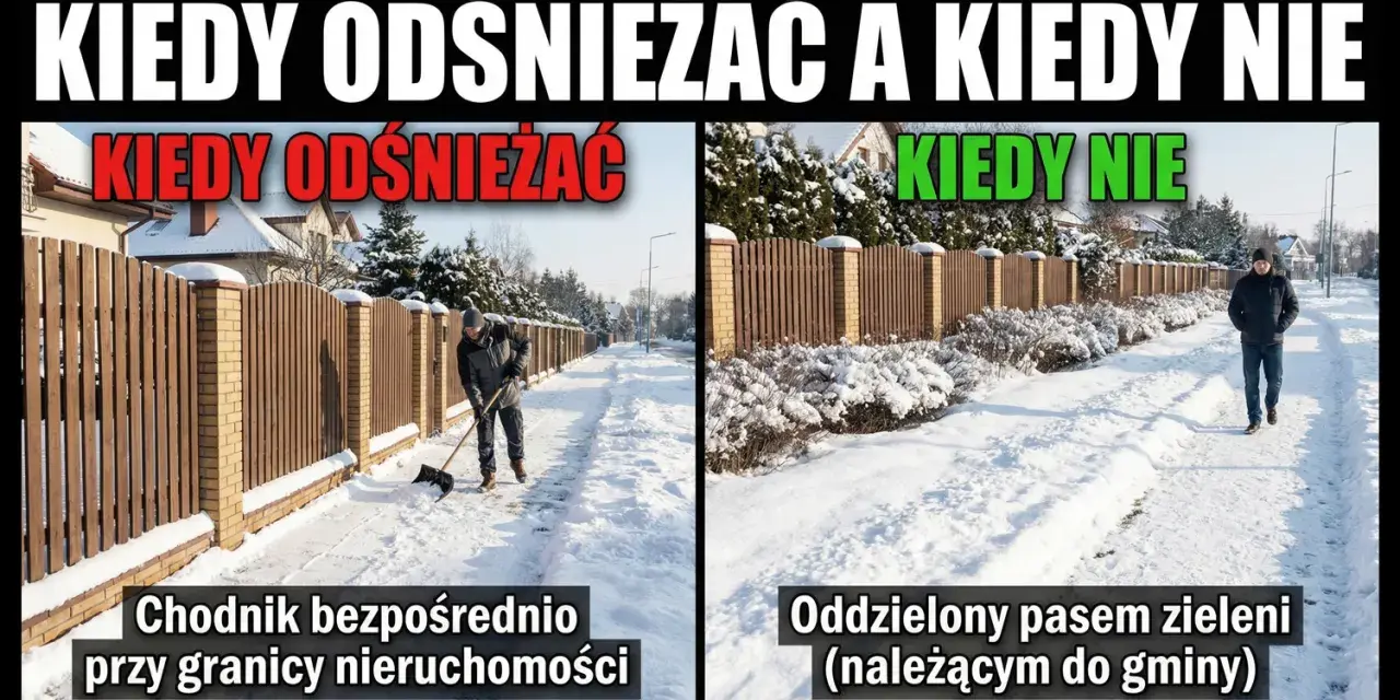 Dwa chodniki pokryte śniegiem: jeden odśnieżany przez mężczyznę, drugi zarośnięty.