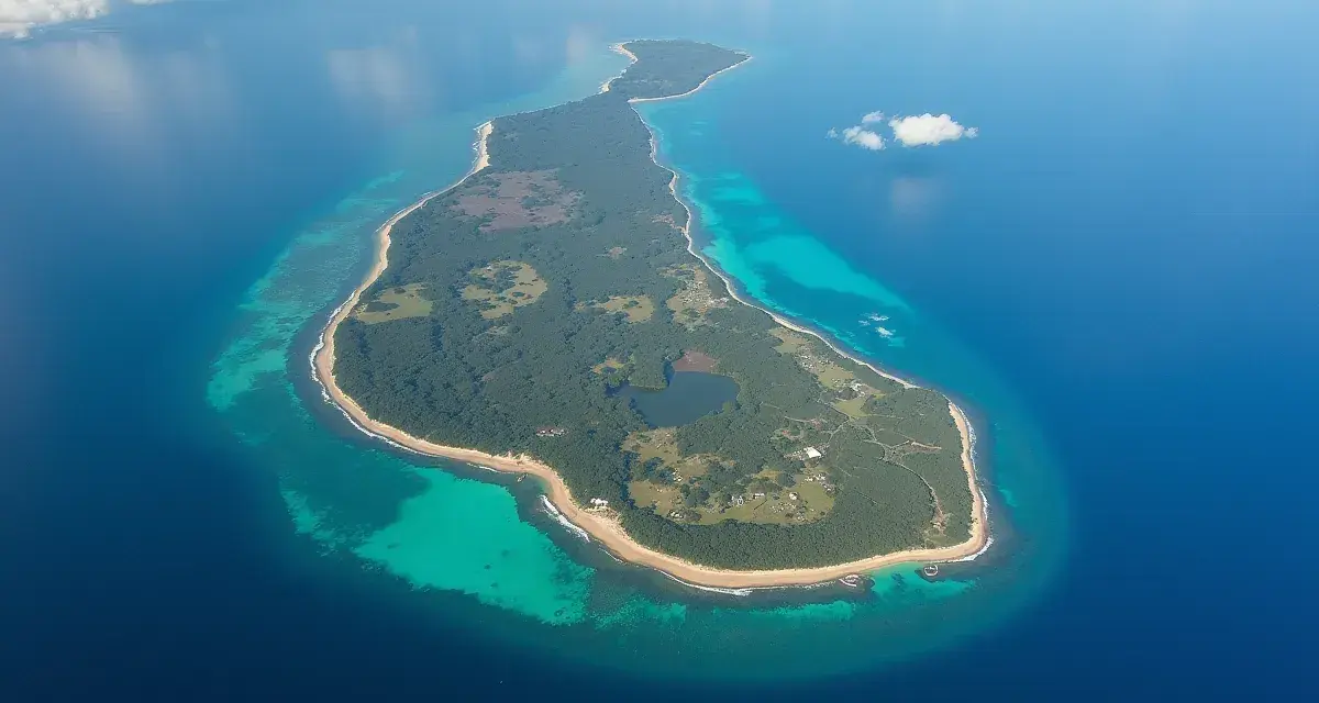 Zielona wyspa otoczona turkusową wodą, przypominająca kształtem Madagaskar.