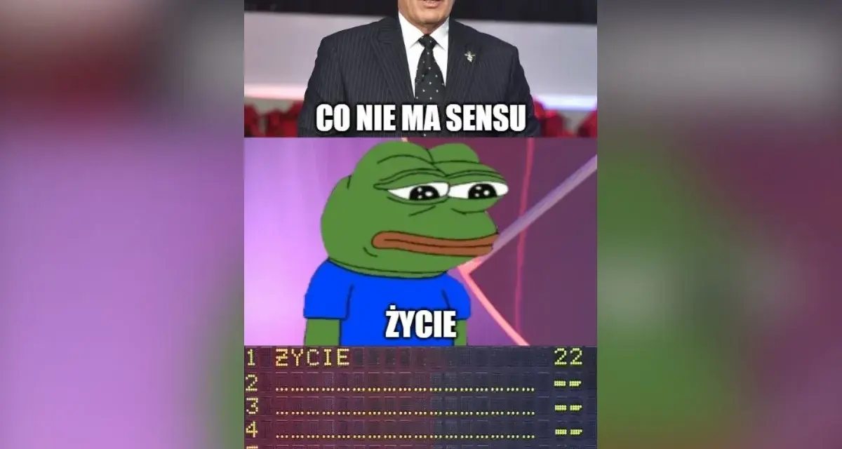 Co nosimy w portfelu familiada? Smutny żabka Pepe i wynik gry.