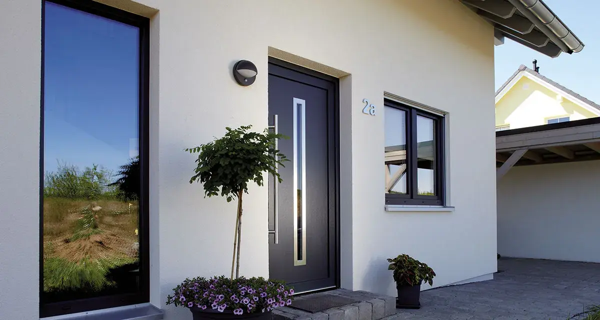 Piante e fiori per abbellire ingresso esterno casa. Porta moderna con maniglia lunga, finestre e numero civico 28.