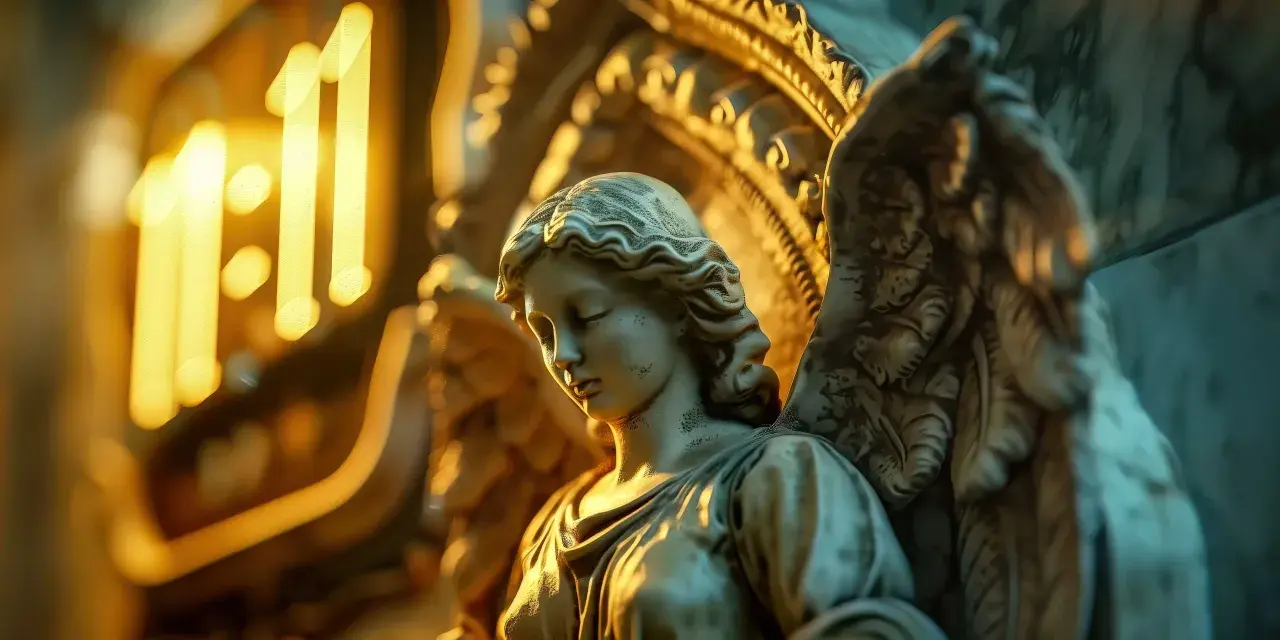 Kamienna rzeźba anioła, w tle świecące "11:11", symbolizujące 444 znaczenie i duchowe przebudzenie.