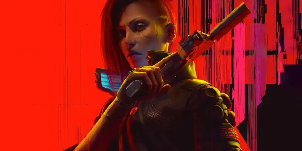 Una mujer con un corte de pelo asimétrico y cicatrices cibernéticas sostiene un arma futurista. Arte promocional de Cyberpunk 2077 Phantom Liberty.
