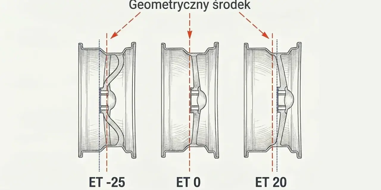 Ilustracja pokazuje trzy przekroje felg z różnym osadzeniem: ET -25, ET 0 i ET 20. Widać, jak zmienia się położenie geometrycznego środka felgi względem jej płaszczyzny montażowej.