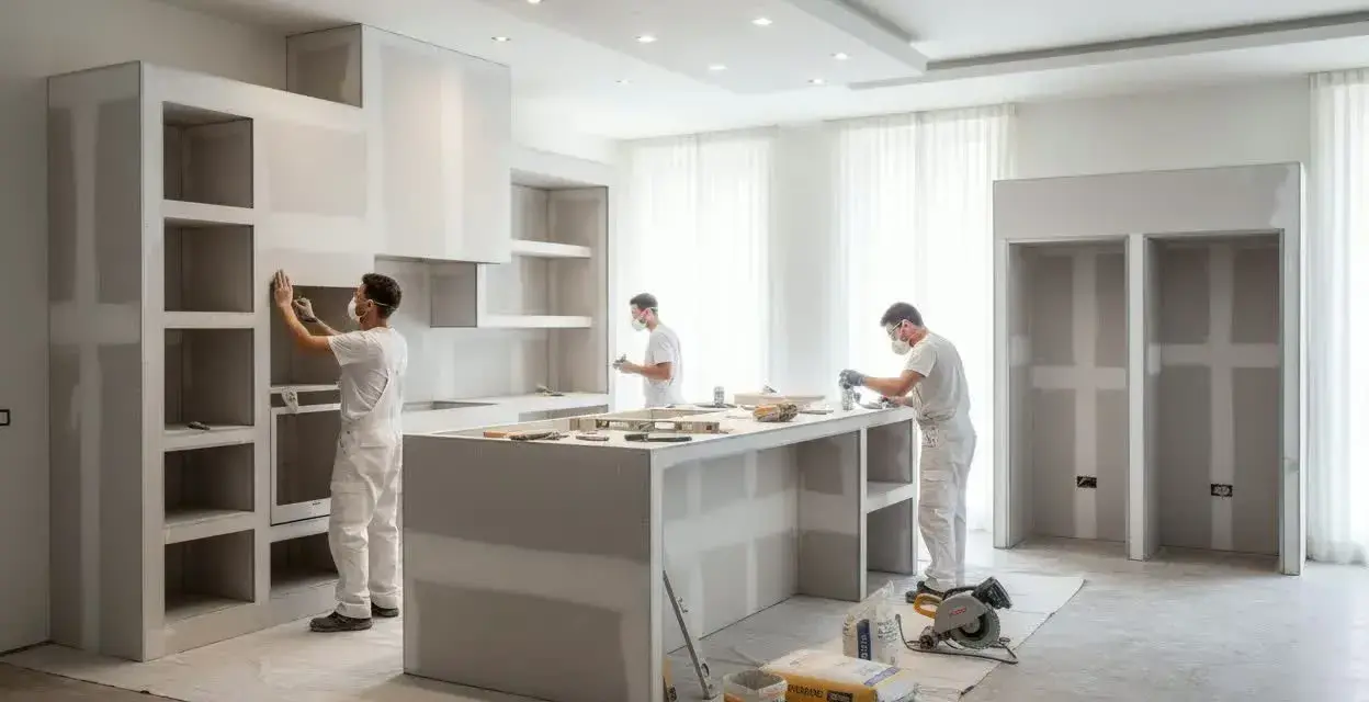 Operai al lavoro su una moderna cucina in cartongesso, in fase di costruzione.