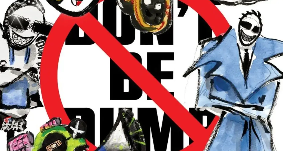 Stylizowana grafika z napisem "DON'T BE DUMB" i postaciami, zapowiadająca asap rocky new album.