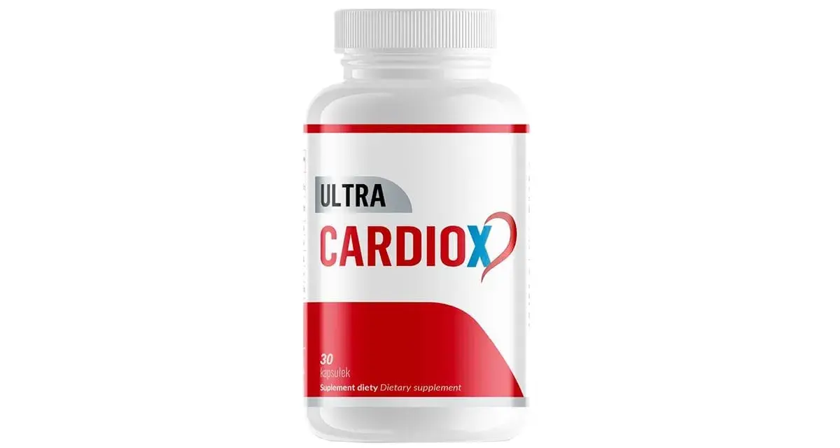 Biała butelka suplementu diety CardiOx z czerwono-niebieskim logo i napisem "ULTRA CARDIOX".