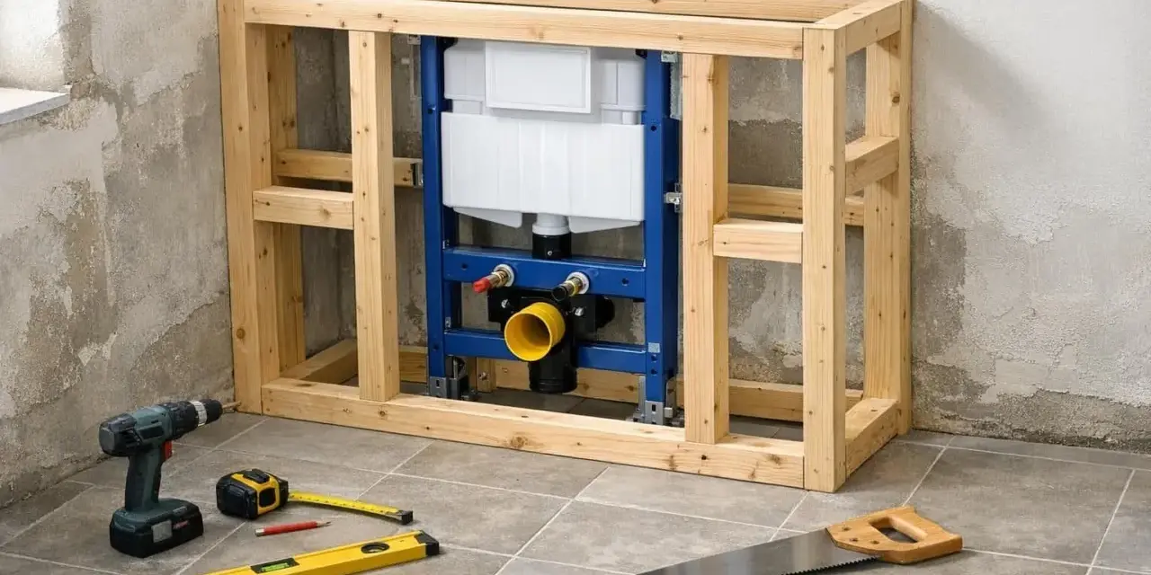 Cadre en bois pour un wc suspendu sur mur non porteur, avec réservoir et tuyauterie visibles. Outils de bricolage au sol.