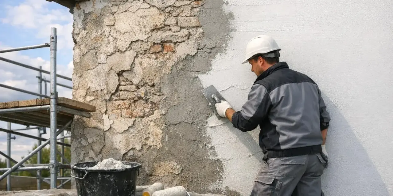 Un ouvrier en casque blanc applique de l'enduit sur une façade en cours de renovation. Échafaudage et outils à proximité.