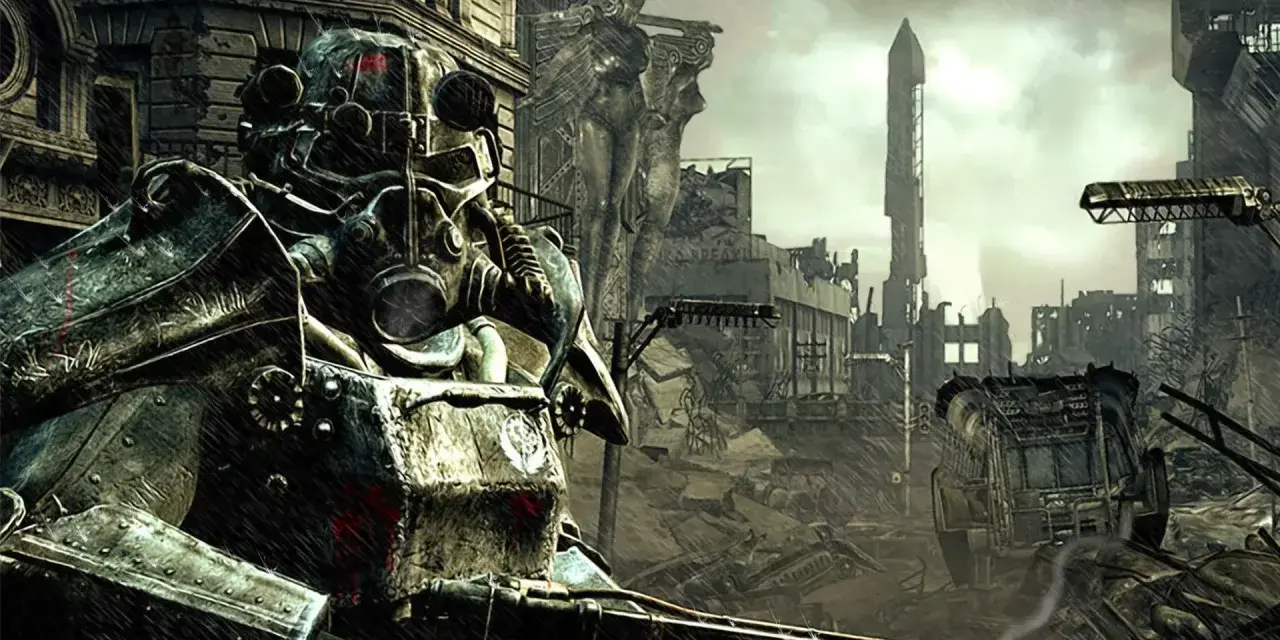 Un soldado con armadura de poder en un páramo postapocalíptico, evocando la atmósfera de un **Fallout 3 remaster**.