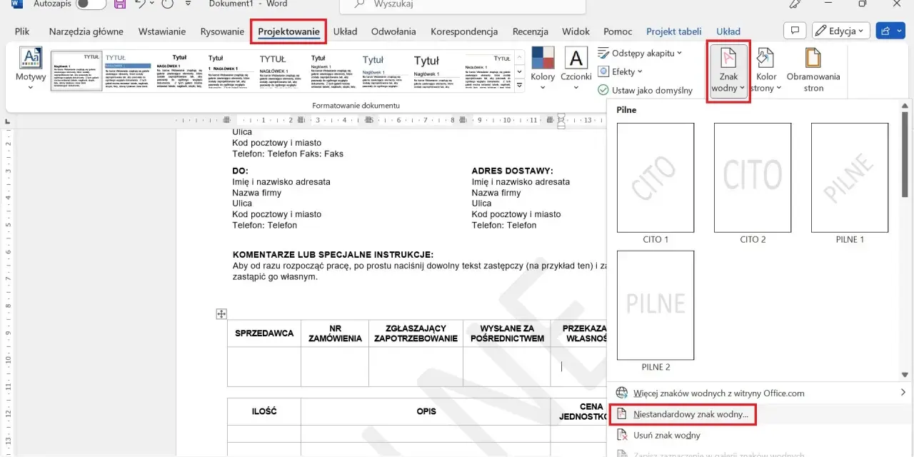 Ikona znaku wodnego w programie Word z podglądem znaków wodnych.
