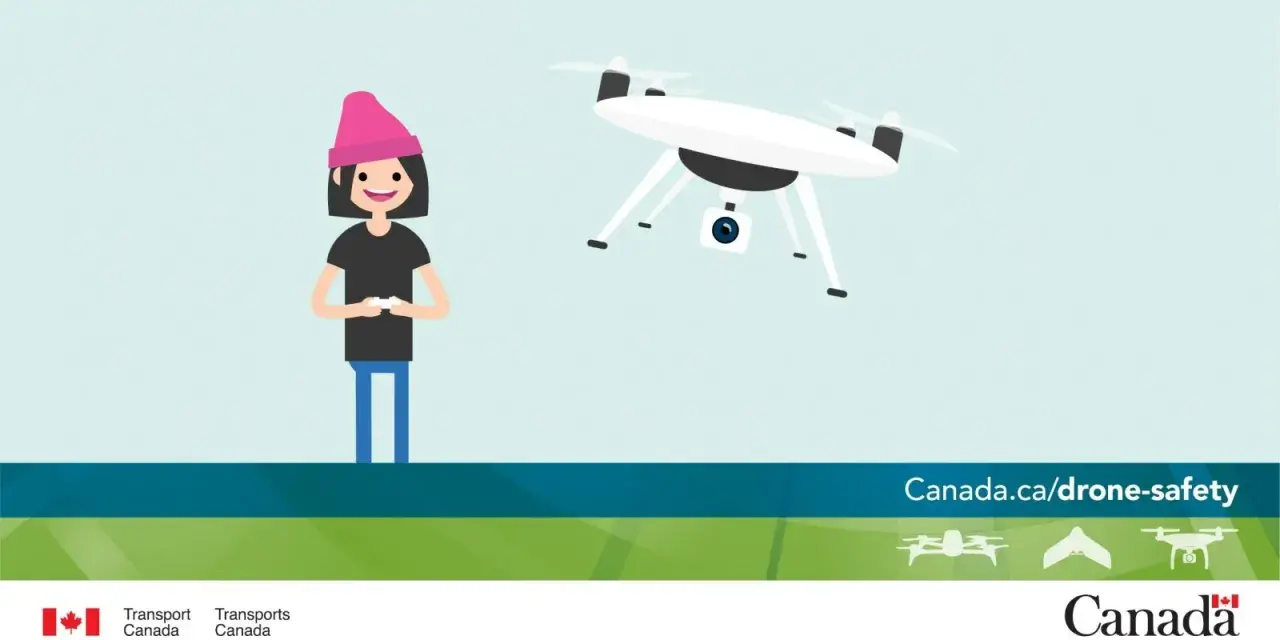 A person controls a drone, illustrating Canada drone laws and safety. Learn more at canada.ca/drone-safety.