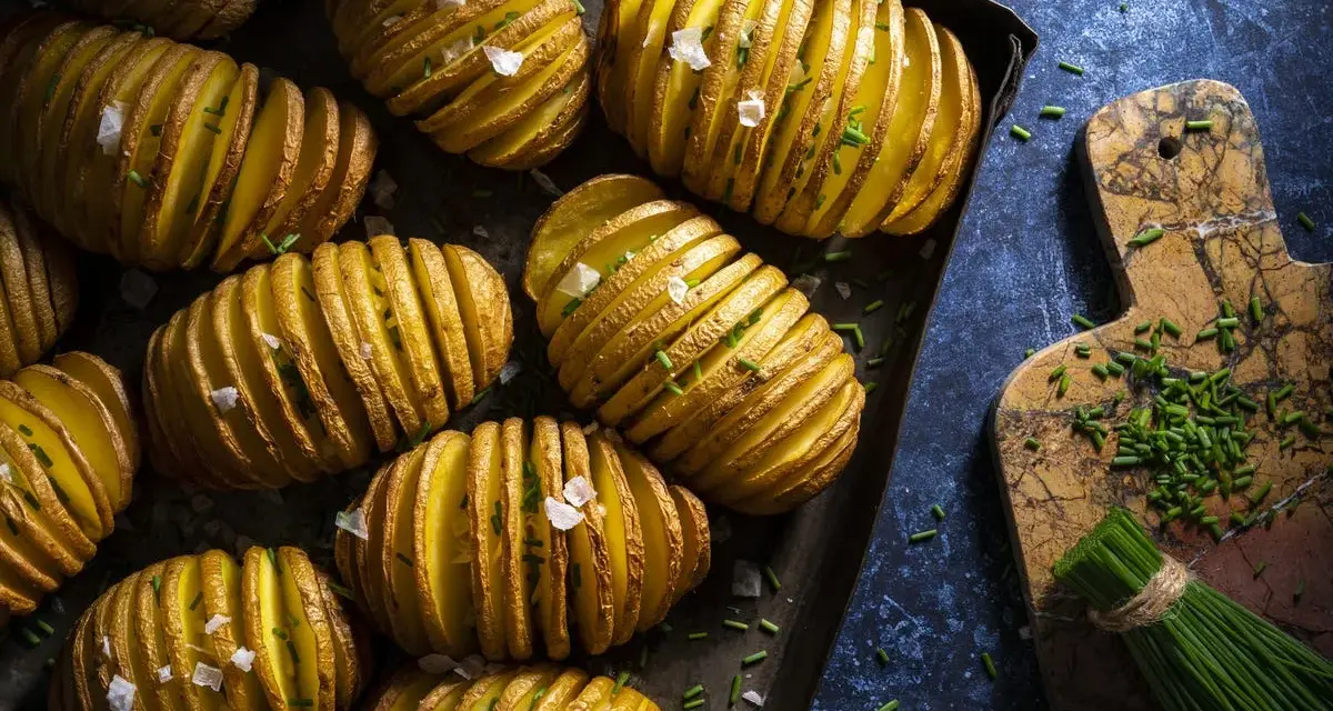Patatas Hasselback doradas y crujientes, perfectas para tus recetas con patatas. Espolvoreadas con sal marina y cebollino fresco.