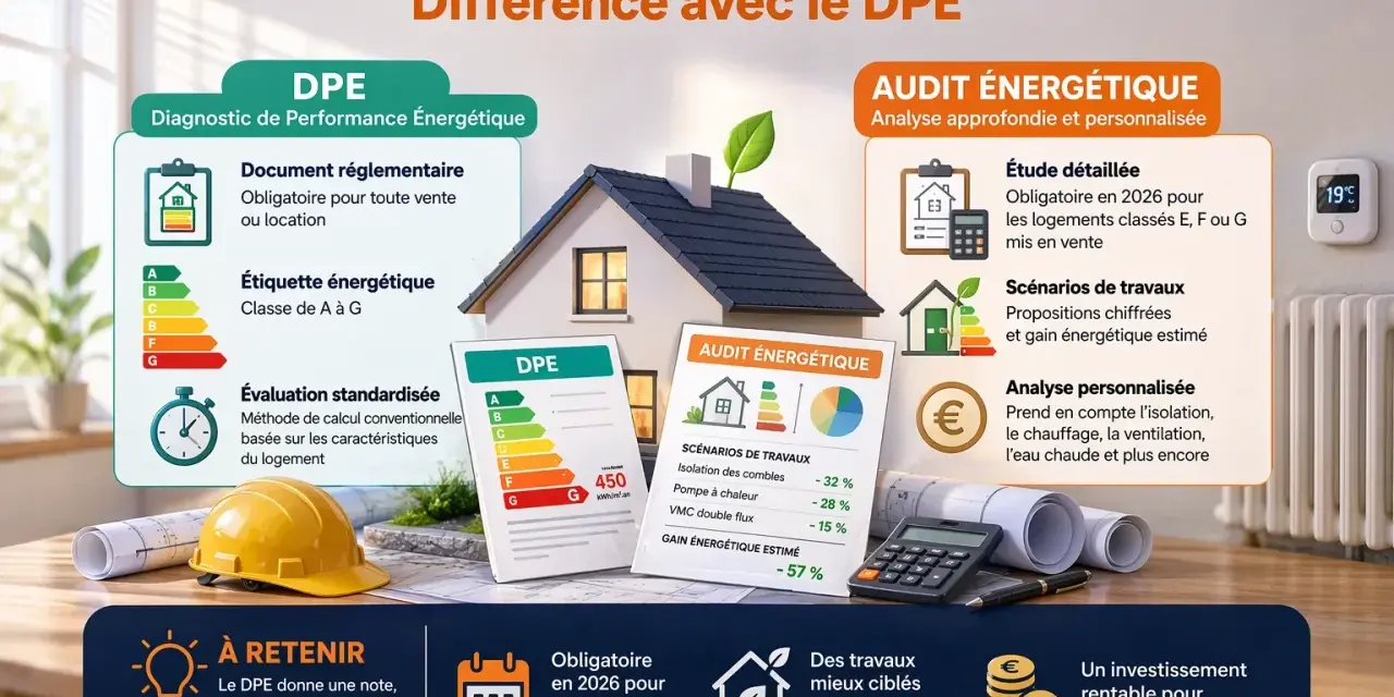 L'audit énergétique obligatoire en 2026 détaille les travaux pour améliorer la performance de votre logement, contrairement au DPE.