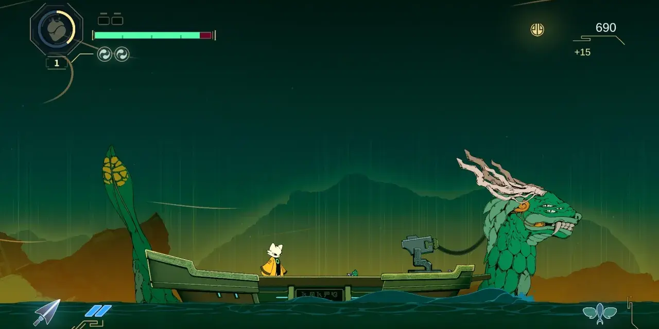Un gato con capa amarilla navega en una barca junto a un dragón verde. El sol, con nueve rayos, ilumina la escena.