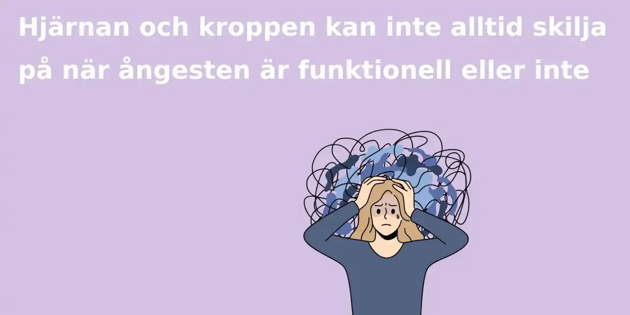 En person med händerna på huvudet, omgiven av kaotiska linjer som symboliserar stark ångest. Texten lyder: "Hjärnan och kroppen kan inte alltid skilja på när ångesten är funktionell eller inte.