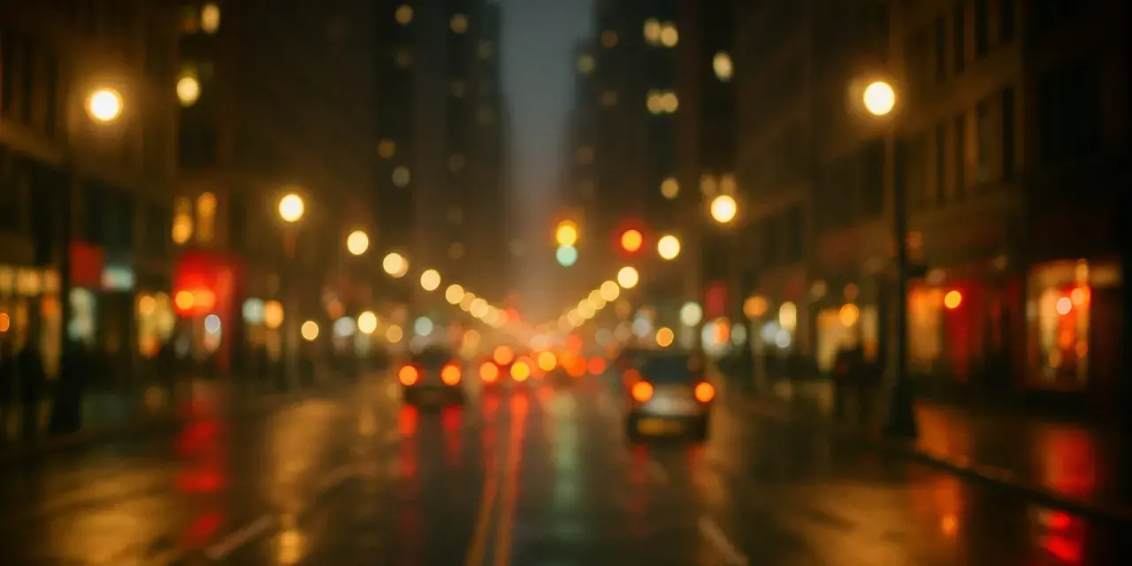 Luci sfocate di una strada cittadina di notte, con riflessi sull'asfalto bagnato, che ricordano l'effetto dell'astigmatismo.