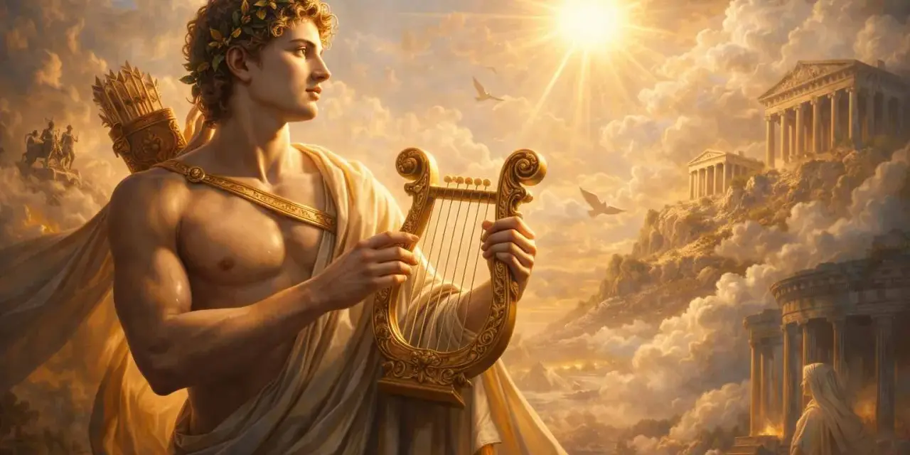 Apollo, bóg słońca i muzyki, z lirą w dłoniach, na tle niebiańskich krajobrazów. Mit o Apollo ożywa w blasku słońca.
