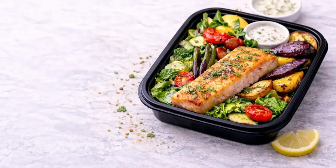 Pyszny łosoś z pieczonymi warzywami i ziołowym dipem. Idealny posiłek na dietę low carb.