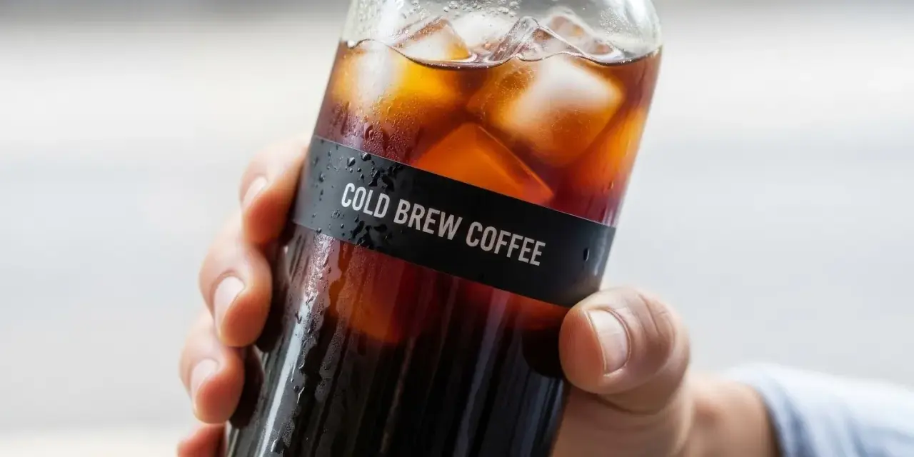Dłoń trzyma butelkę z orzeźwiającym cold brew coffee, pełną kostek lodu. Idealna kawa do cold brew na upalne dni.